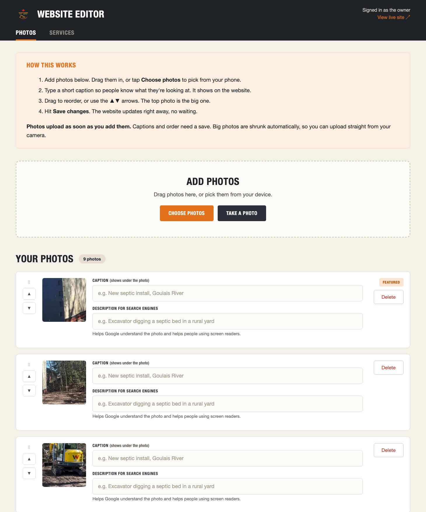 The Website Editor photos tab: a plain-language instructions panel, a drag-and-drop upload area with Choose photos and Take a photo buttons, and a list of photos each with a caption field, a search-engine description field, reorder arrows and a delete button.