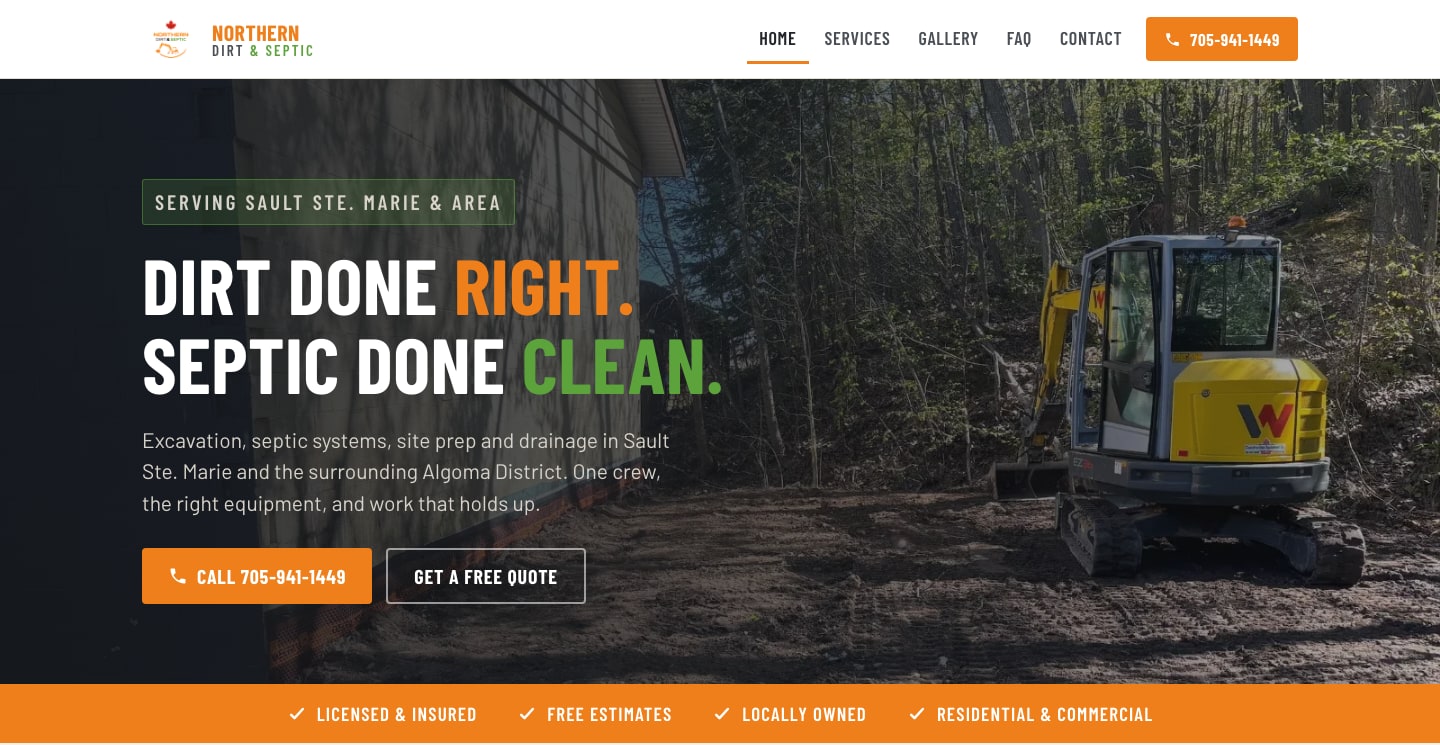 Northern Dirt & Septic homepage, showing an excavator on a cleared site with the headline "Dirt done right. Septic done clean." and a call button.