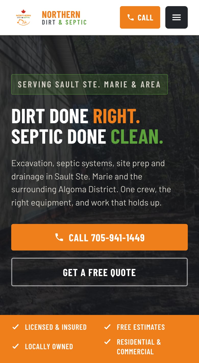 The Northern Dirt & Septic site on a phone, with the call button pinned in the header above the hero image.